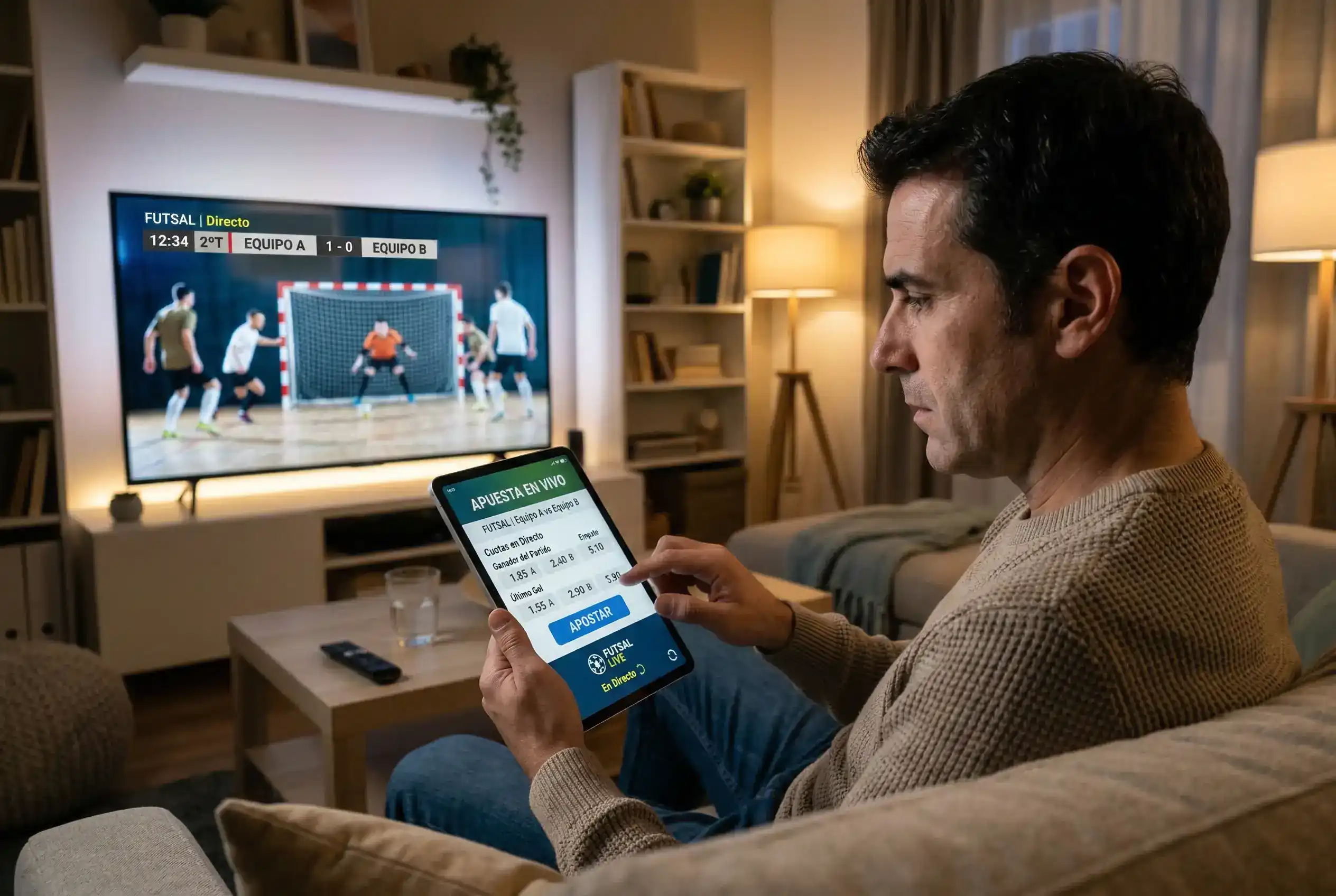 Aficionado siguiendo partido de futbol sala en dispositivo movil con aplicacion de apuestas en vivo